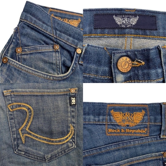 Rock and Republic Medium Blue Wash Slim Bootcut Jeans Denim 31 Crop Short Length - Picture 13 of 16